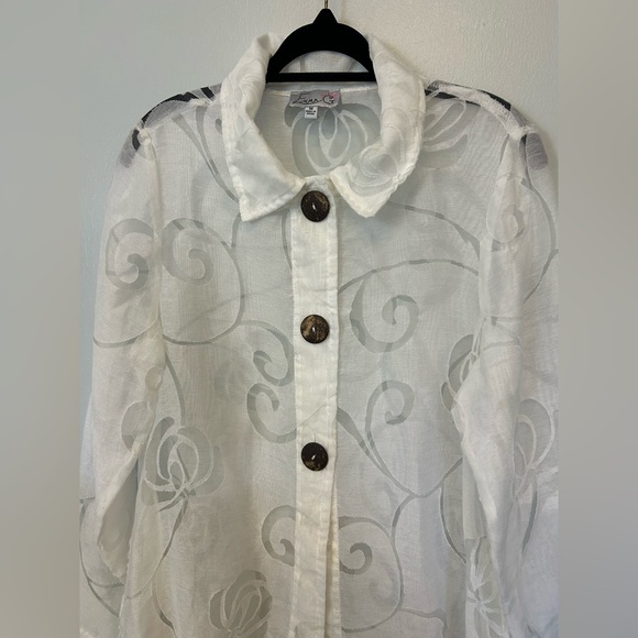 Emma G Lagenlook Duster Sz Medium White Sheer‎ Floral Linen Topper Coverup Tunic - Picture 2 of 6